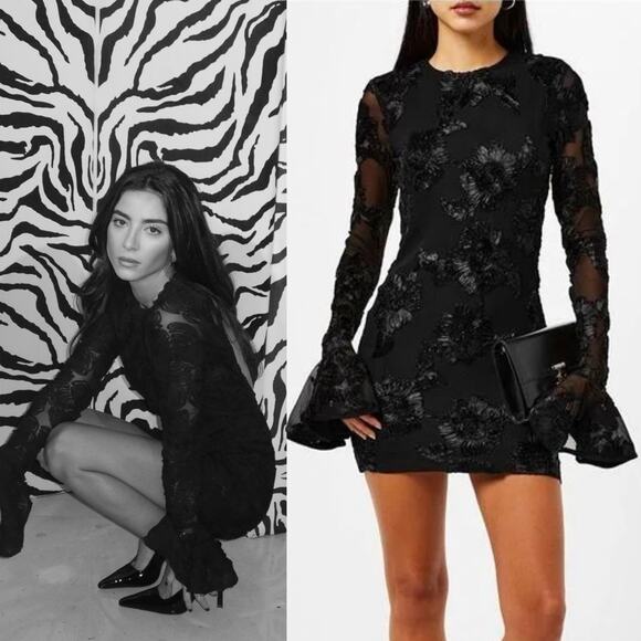 Rotate Birger Christensen Dress Rosita Black Mesh Floral Back Cutout Mini Size 4